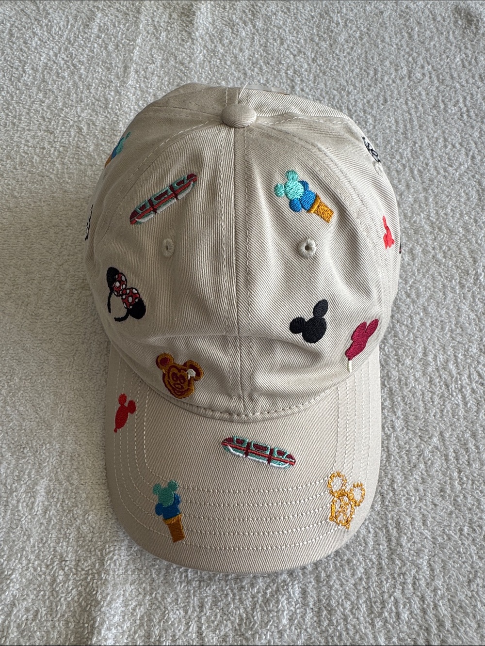 Disney Disneyland Parks Embroidered Beige Baseball Cap Hat with Colorful Icons